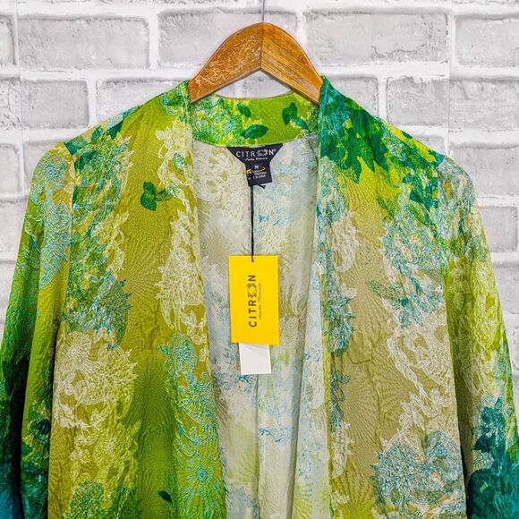CITRON Santa Monica Women's 100% Silk long Kimono open blouse Green floral sz M - Picture 2 of 8